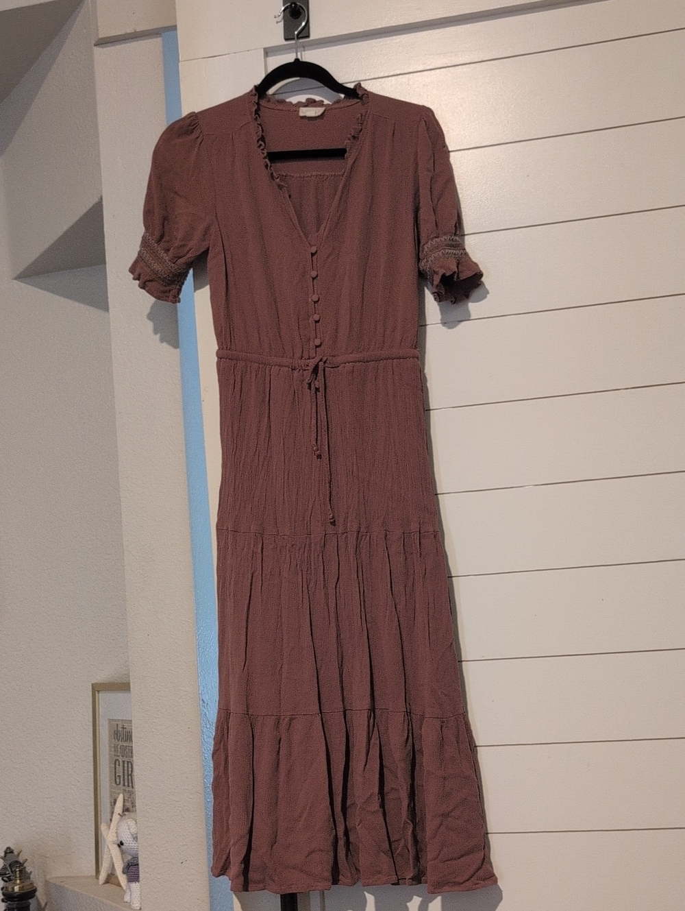 Mauve Button-Front Tiered Maxi Dress- Large